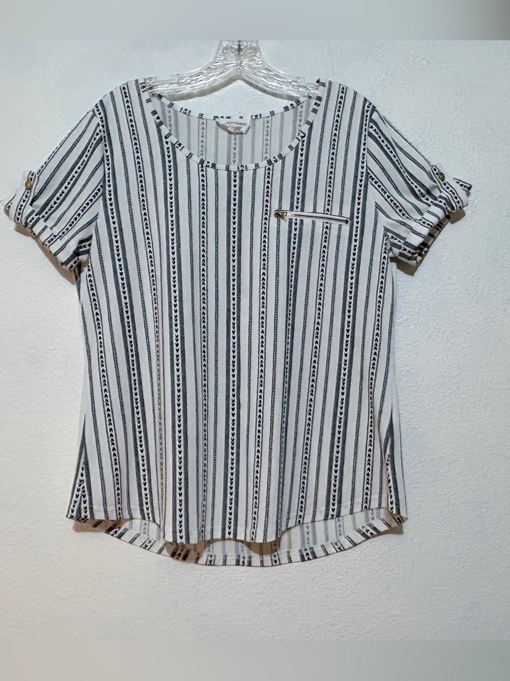 The Workshop Sz L Striped Black White Tunic Blouse Roll Tab Sleeves Scoop Neck